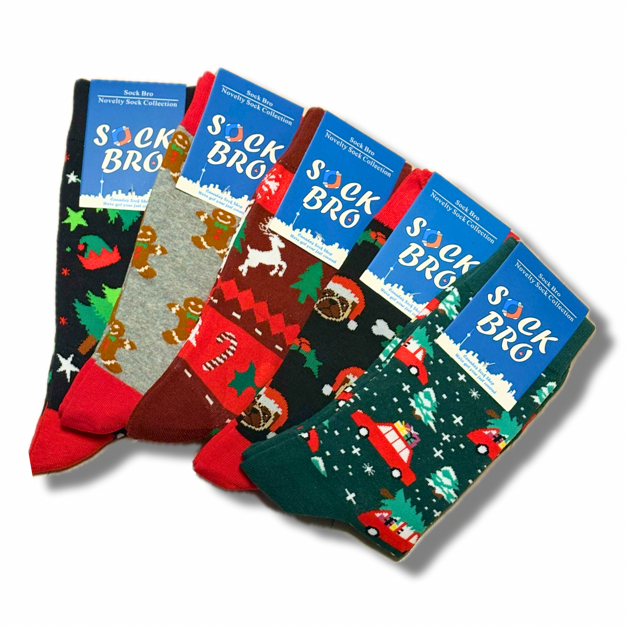 Men's 5 Pack Christmas Sock Bundle - Cozy Gingerbread, Reindeer, Christmas Tree, Pug, and Gifts