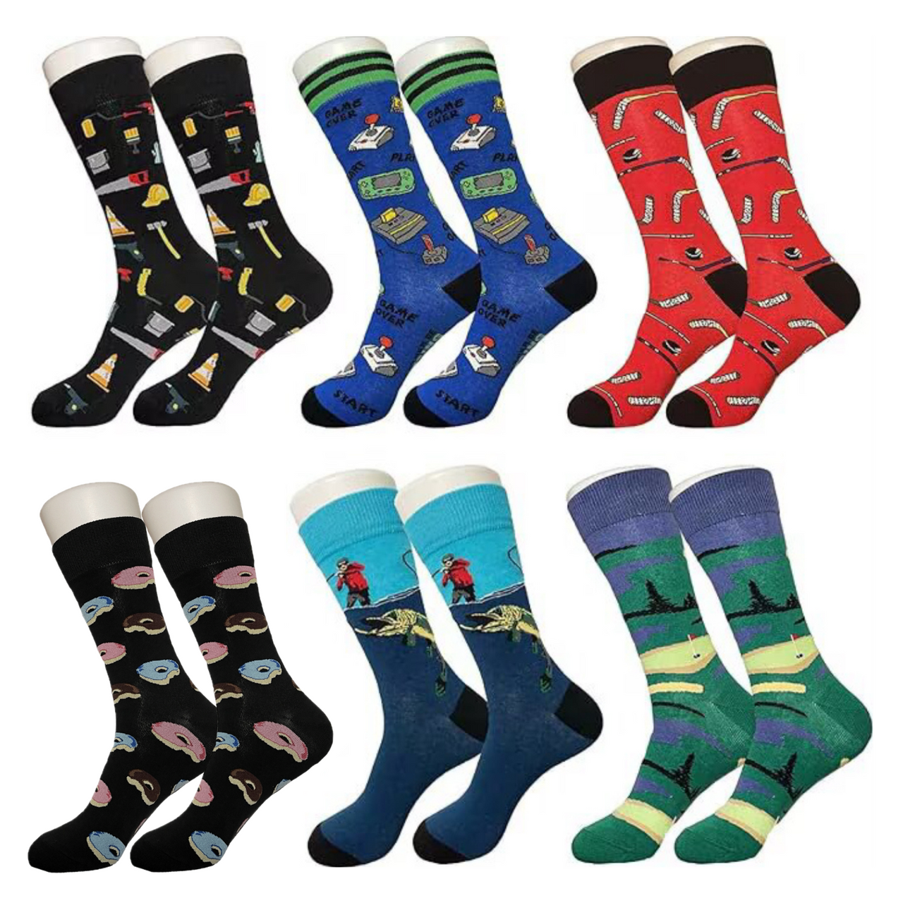 Best Seller Novelty Sock Bundle - 6 Pack - Construction, Hockey, Fishing, Golf, Video Games, Pepper Socks