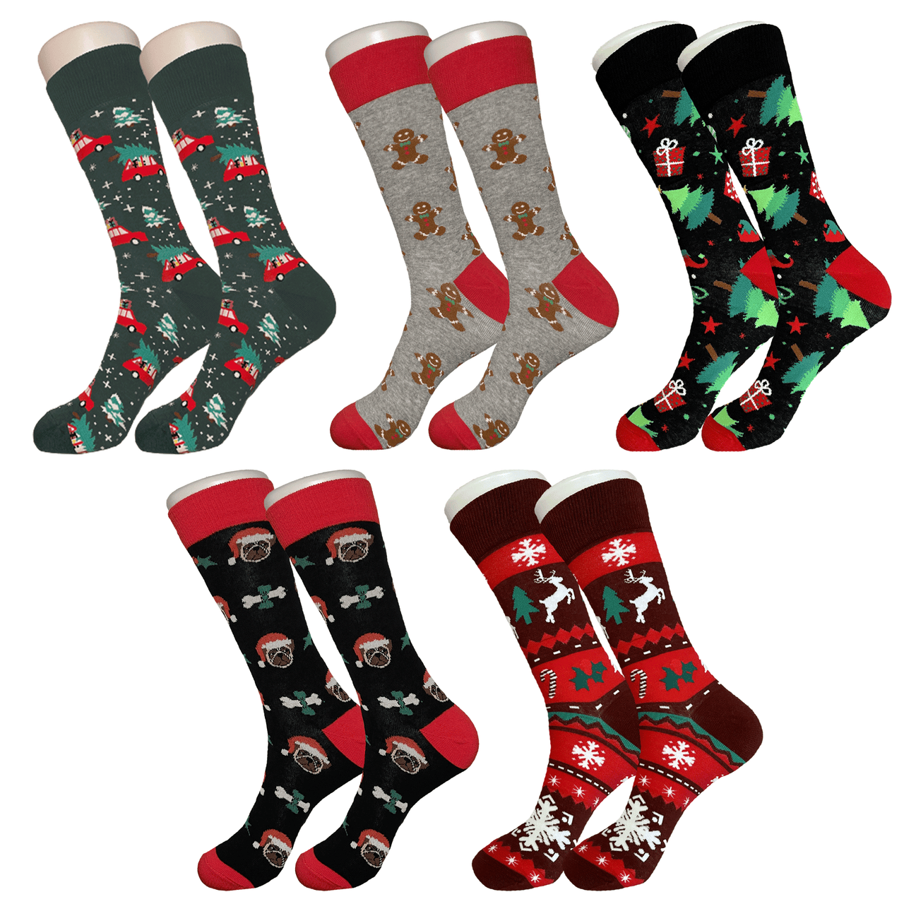 Men's 5 Pack Christmas Sock Bundle - Cozy Gingerbread, Reindeer, Christmas Tree, Pug, and Gifts