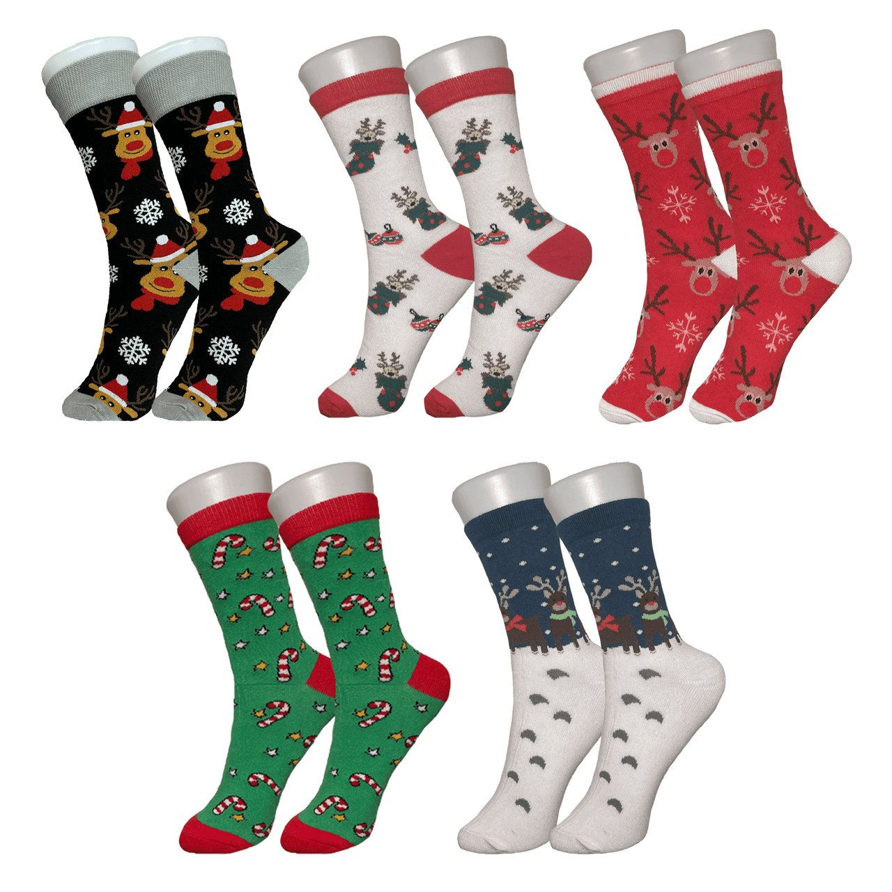 Women's Fun Christmas Bundle 5 Pack - Reindeer, Candy Cane, Snowflake, Stocking Christmas Socks